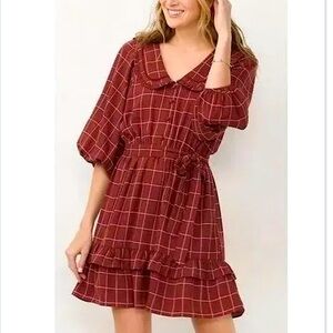 LC Lauren Conrad Size XL Burgundy Plaid Peasant Cottage-core, Prairie Mini Dress